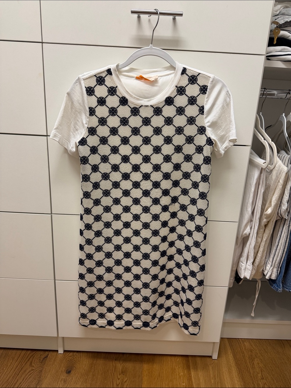 Tory Burch White Tee Midi Dress with Navy Chain Motif
